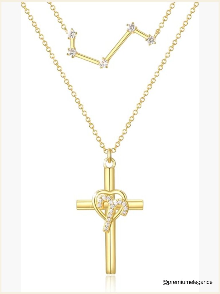 14k Gold Zodiac Cross Layered Necklace  Horoscope Constellation Pendant